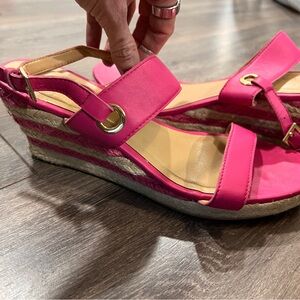 Pink espadrille wedge sandals with stripes